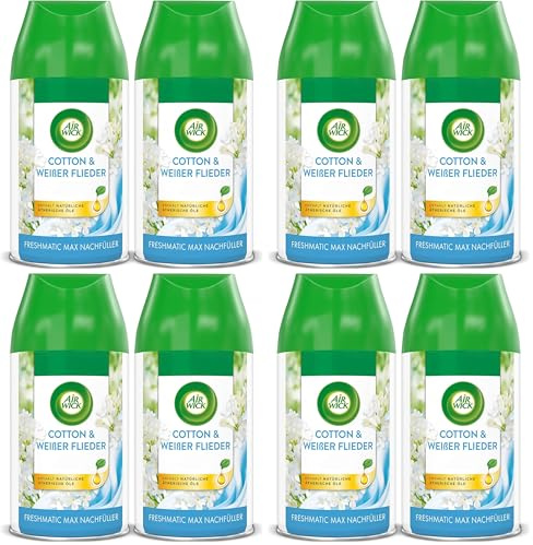 Air Wick Freshmatic Max Raumspray DUO – Nachfüller für den Air Wick Freshmatic Max – Duft: Cotton und Weißer Flieder – 2 x 250 ml Nachfüller Raumduft und Lufterfrischer (Packung mit 4)