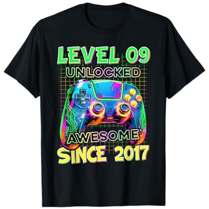 Kids Level 9 Unlocked Awesome Since 2017 9th Birthday Gamer T-Shirt