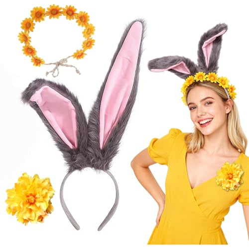 RAOPNHS Costume de carnaval pour femme - Oreilles de lapin - 3 pièces - Avec couronne de fleurs et serre-tête - Pour déguisement de carnaval - Pour Pâques, carnaval, fête, cosplay