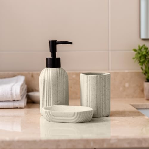 GC GAVENO CAVAILIA Beige Bathroom Accessories Sets Complete 3-Piece Dish Soap Dispenser, Toothbrush Holder Cup, Soap Dish | Ribbed Soap Dispenser Bath Room Accessory
