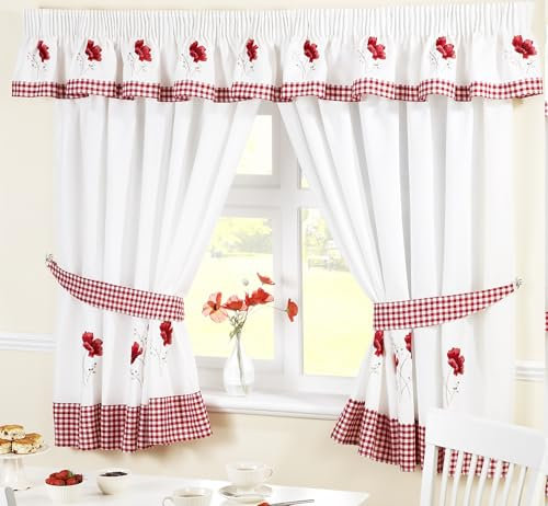 Homespace Direct Rideaux de Cuisine plissés à Motif Floral brodé - Bordure et embrasses à Carreaux Rouges, Polyester, Rouge/Blanc, 46 x 42-inch