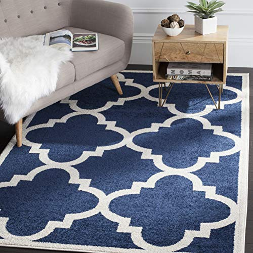 SAFAVIEH Amherst Collection Area Rug - 6' x 9', Navy & Beige, Moroccan Trellis Design, Non-Shedding & Easy Care, Ideal for High Traffic Areas in Living Room, Bedroom (AMT423P)