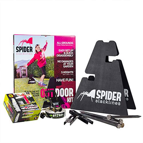 SPIDER SLACKLINE SOS02 - Slacklines Outdoor mit Slackline 15 m - Zwei Befestigungsblöcke Höhenverstellbar 30 or 50 or 70 cm, Kann Nicht an Bäumen Befestigt Werden - Made in Italien - Maximale Haftung