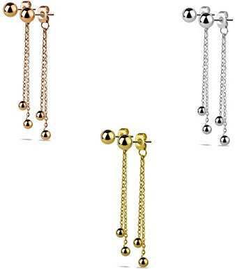 beyoutifulthings Damen 1 Paar Ohr-hänger 2 lange hängende Ketten 3 Kugeln Ohringe Ohr-ringe Set Ohr-stecker Chirurgenstahl Silber Gold Roségold