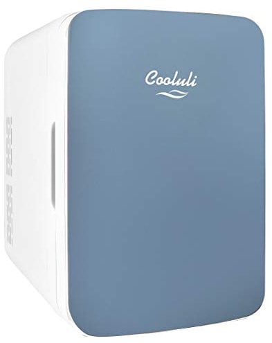 Cooluli 10L Mini Fridge for Bedroom - Car, Office Desk & College Dorm Room - 12v Portable Cooler & Warmer for Food, Drinks, Skincare, Beauty & Makeup - AC/DC Small Refrigerator with Glass Front, Blue