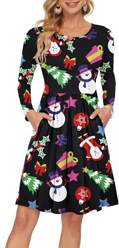 AUSELILY Damen Langarm Plissee Loose Swing Freizeitkleid mit knielangen Taschen Weihnachts schneemann XL