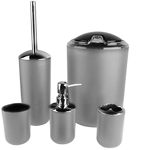 Dioche Bathroom set, 6-piece bathroom set, toothbrush holder, rubbish bin, toilet brush holder, rinse cup, soap dispenser, perfect for families or hotels (grey)