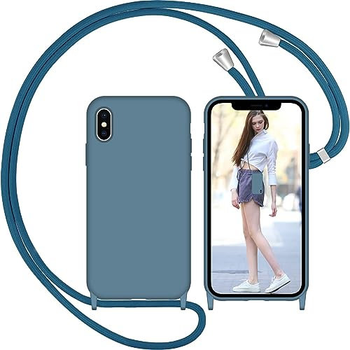 Nupcknn Funda Silicona Líquida con Cuerda para iPhone X/iPhone XS, Carcasa Suave Silicona Case con Correa Colgante Ajustable Collar Correa de Cuello Cadena Cordón(Azul ladrillo, 5.8)