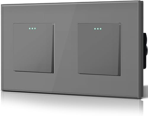 BSEED Interrupteur va et vient, Interrupteur à Bascule, Verre Interrupteur Encastrable Bascule,10A 250V Plaque De Cristal Trempé, 157 x 86 mm, 1 Gang 2 Voie, Gris
