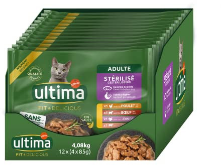 ULTIMA - Bolsa de Comida para Gatos esterilizados Pollo, Pavo, Ternera y Cordero - 12 multipacks x 4 x 85 g