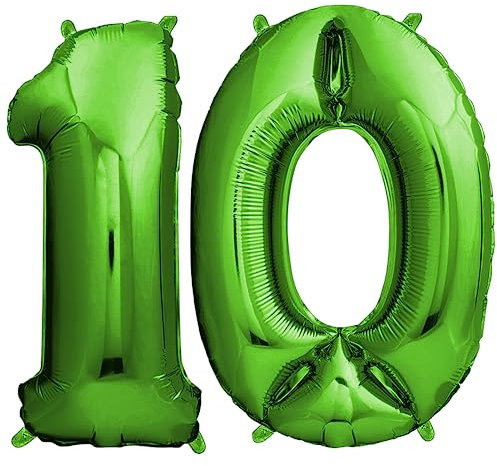envami® Deko 10 Geburtstag Junge - Grün 101CM - Ballon Zahl Luftballon 10. Geburtstag - Zahlen Luftballon Geburtstagsdeko 10 Junge - Folienballon 10 Junge - 10 Jahre - Helium