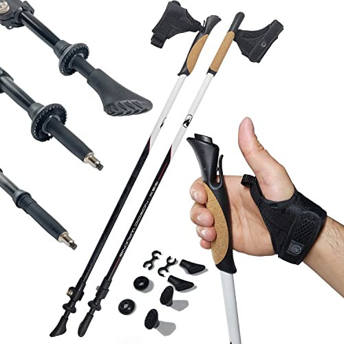 WeLLIFE Verstellbare Nordic Walking Stöcke aus Aluminium, ultraleicht, teleskopisch, Griff aus natürlichem Kork und Manschette mit Schnellverschluss CLICK and GO für Wandern und Wandern