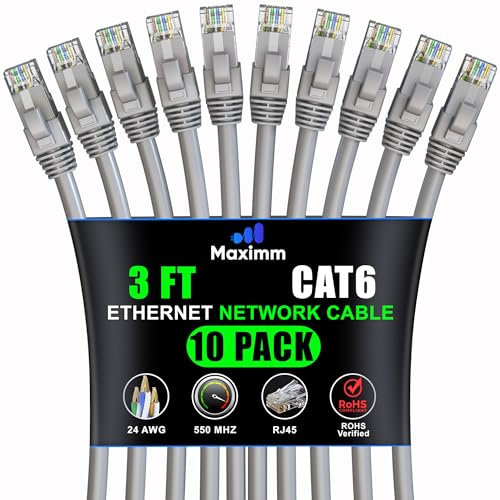 Maximm Cat 6 Ethernet Cable 3 ft 10 Pack - High-Speed LAN Cable, Internet Cable, Patch Cable, and Network Cable - UTP, 10Gbps, 550MHz Ethernet Cord - Gray