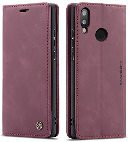 Ququcheng123 Lederhülle kompatibel mit Huawei P20 Lite Hülle,Flip Case Schutzhülle Klapphülle Handyhülle mit Standfunktion-Rot
