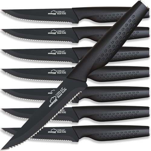 Amorston Steak Knives, Steak Knives Set of 8, Stainless Steel Steak Knife Set, Serrated Knives Dishwasher Safe, Elegant Black Mothers Day Gifts for Women