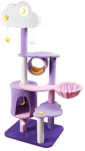 Arbre à chat nuage de 150 cm pour grands chats d'intérieur, jolie tour à chat violette et rose