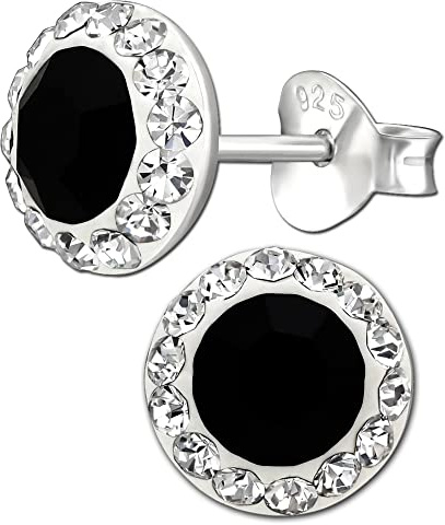 Damen runde Ohrstecker 925 Sterling Silber kleine schwarze Kristall Ohrringe (schwarz P62-o 8mm)
