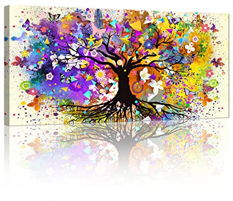 Groß Mit Rahmen Leinwandbilder Bilder, Abstrakt Violett Buntes Baum des Lebens bild auf Leinwand Wandkunst Wandbilder Kunstdruck Gemälde Deko für Wohnzimmer Schlafzimmer, fertig zum Aufhängen 100×50cm