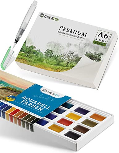 CreaTek Aquarellpapier A6 300g + Premium Aquarellfarben Set [ zum Vorteilspreis ] unschlagbare Kombination aus leuchtenden und stark pigmentierten Wasserfarben & Aquarellpapier DIN A6 Postkartenformat