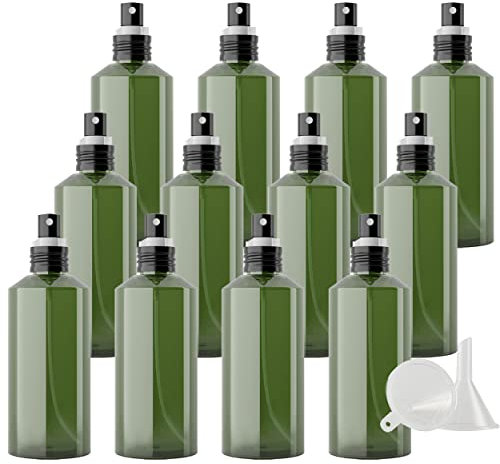 PQPAUTY 24 Pieces Empty 200ml Green PET Plastic Fine Mist Pump Spray Bottles with Lock on Clip Aluminium Sprayer for Cosmetic Perfume Water Travel Portable Containers Refillable, 4x Funnel