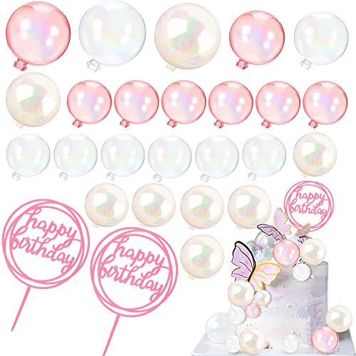 RNHDLY 26Pcs Colorful Balls Cake Toppers, Clear White Pink Mini Ballon Cupcake Topper, Ball Cake Insert Decoration, DIY Birthday Cake Toppers for Christmas Party Wedding Supplies Baby Shower Decor