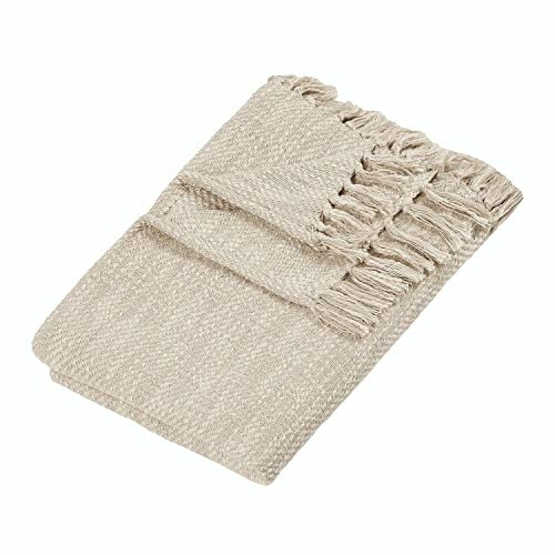 Loberon Plaid Malans, edle Melange-Optik, mit dekorativen Fransen, zurückhaltende Farbgebung, Wohntextilien, Überwurf, Tagesdecke, Baumwolle, Polyester, beige