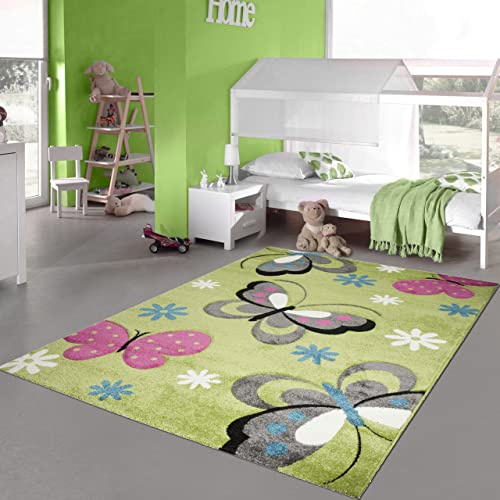 Teppich-Traum Farbenfroher Schmetterlings-Teppich für Kinderzimmer ▸ strapazierfähig ▸ grün, 160 x 230 cm