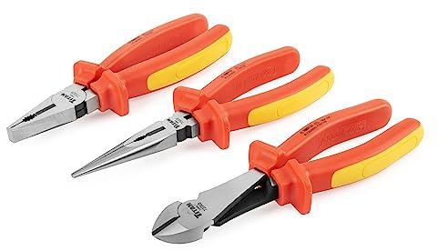 Titan 73349 3-Piece VDE Insulated Pliers Set, Includes 8-Inch Combination, 8-Inch Long Nose, and 8-Inch Diagonal
