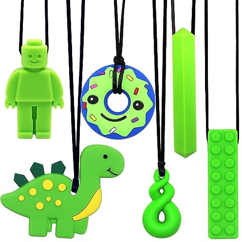Kaukette für Kinder, 6 Stück Sensory Kauen Halskette, Silikon Beißring für Baby, Autismus Spielzeug für Jungen und Mädchen, Perfekt für Kinder mit ADHS, Zahnen, Beißende, Fingernägel Kauen (Grün)