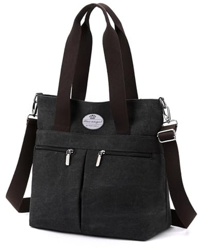 HUA ANGEL Damen Handtasche Canvas Umhängetasche Mittelgroß mit Viele Fächer | Vintage Schultertasche für Arbeit Uni Shopping Büro, Passt für 13.3 Zoll Laptop, Verstellbarer Gurt, Schwarz