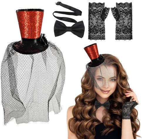 Meanju 3 Stück Mini Top Hut Haarreif Set,mit Spitzenhandschuhe und Schwarz Fliege,Schwarz Zylinder Hut Haarreif,Karneval Party Kopfschmuck Accessoires,für Halloween Karneval Cosplay Kostüm Zubehör