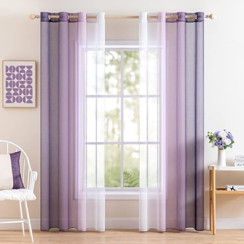 MIULEE Lila Zweifarbig Voile Gardinen mit Ösen 140x145cm 2er Set | Zweifarbiger transparenter Voile Stoff mit sanfter Lichtdurchlässigkeit, Ösenaufhängung, passend für Schlafzimmer