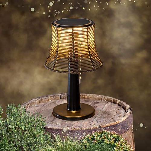 LED Solar Tischlampe Outdoor in Rattan-Optik stehend schwarz | LED Outdoor Lampe kabellos & tragbar | Solar Tischleuchte mit 10 warmweißen LEDs & IP44 wasserdicht für Innen Außen Garten Camping