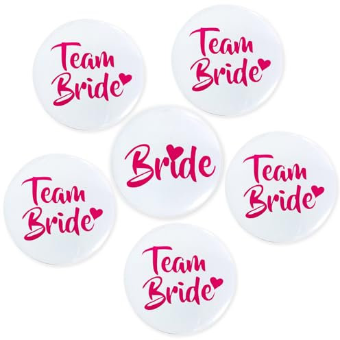 Koboko Team Bride, JGA Buttons, JGA Accessoires Frauen, Buttons anstecker Junggesellinnenabschied Accessoires und Hochzeitsfeier Party Polterabend (Weiß, Pink Herz, 6 Stücke)