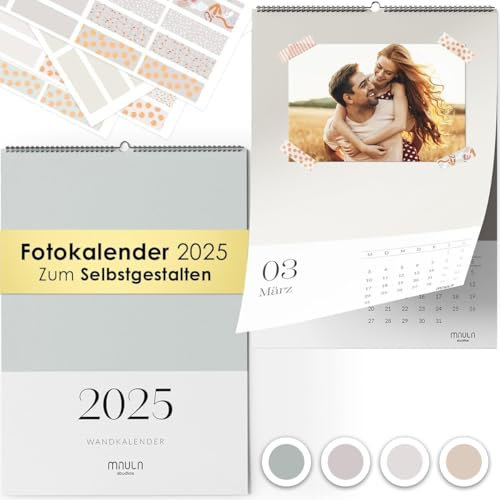 Fotokalender 2025 zum Selbstgestalten - Bastelkalender 2025 mit Stickern - Wandkalender 2025 - Kalender Selbst Gestalten 2025 - DIY Kalender 2025 mit Ferienübersicht - DIN A4 Kalender WC007_25_pastel