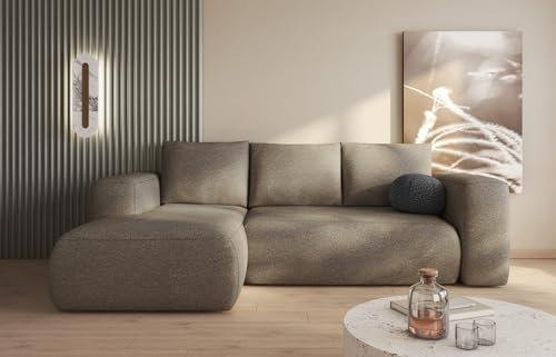 MODERNO Ecksofa mit Schlaffunktion und Bettkasten LAMBI - Sofa mit 3 Sitzen und Robusten Überzug - Schlafcouch L-Form - Modern Couch 266x164x89 cm - Ecke Links Grau Beige