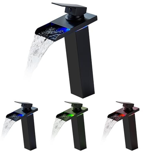 KEOKBON LED Schwarz Wasserfall Wasserhahn Hoch, RGB 3 Farbewechsel Waschtischarmatur Einhebelmischer mit Temperatursensor Waschbeckenarmatur Edelstahl 304 für Badezimmer, 2 Schlauches(G3/8 x 50cm )