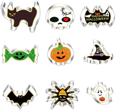 9 Stück Edelstahl Halloween Ausstecher Ausstechform Keksausstecher Kürbis/Hexenhut/2 Fledermaus/Geist/Katze/menschliches Skelett/Spinne/Süßigkeiten