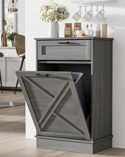 Anmytek 10 Gallon Tilt Out Trash Can Cabinet with Drawer, Kitchen Freestanding Wood Recycling Trash Cabinet for Kitchen, Pet Proof Kitchen Trash Cabinet Laundry Hamper for Home Laundry Bathroom