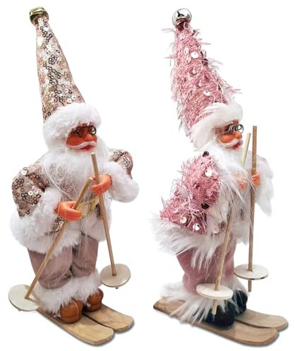 Figurine Pere Noel, Décorations De Noël Originales, Deco Noel Interieur Maison, Gnomes De Noël, Décoration d'arbre De Noël Americaine Pere Noel Déco avec Traineau Santa Ski Sujet Statue 2pcs Set