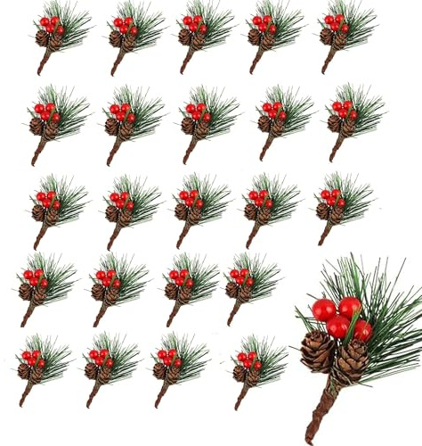 Wenyue 24 Stück Künstliche Tannenzweige mit Beerenund Tannenzapfen, Künstlicher Kranz, Hängende Herbst Winter Kranz Verzierung, Artificial Tannenzweige Beerenzweige Ideal für Weihnachtsdekoration