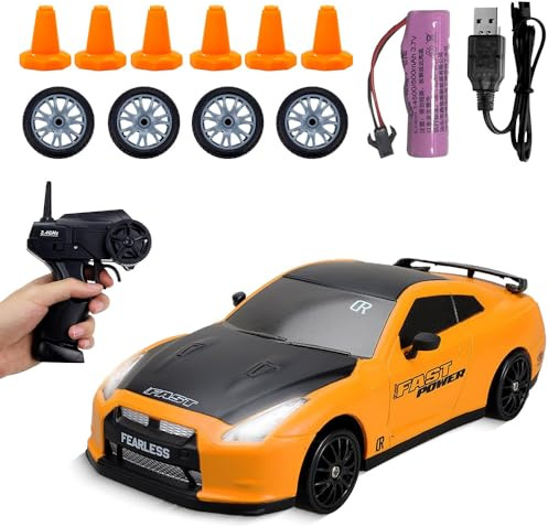Hojalis RC Drift Car, 1:24 Ferngesteuertes Auto Drift mit Beleuchtung, 15km/h, 2,4 GHz, 4WD Rennauto Ferngesteuert, Mini Rc Drift Cars, Modellfahrzeug für Jungen Mädchen und Erwachsene Geschenk(Gelb)