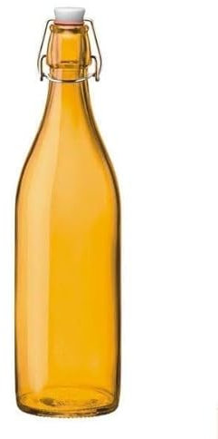 KWARE Botellas de vidrio de estilo vintage de 1 litro, ideales para uso doméstico o comercial, llenar con agua, vino, licor, aceite, cerveza, licor o cordiales (tapa abatible amarilla)