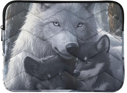 Housse matelassée pour ordinateur portable 14 Motif loup Blanc/noir