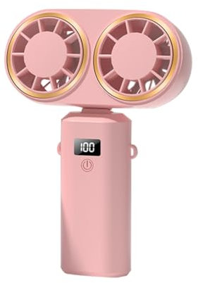 Gbloodst Ventilador doble recargable por USB, 2400 mAh, ventilador de mano para colgar en el cuello, ventilador plegable de escritorio con pantalla digital, fácil de instalar, color rosa