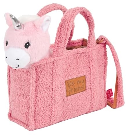PERLETTI Kuscheltier Handtasche für Kleine Mädchen 3 4 5 6 Jahre - Weiche Kindertasche mit Abnehmbarem Pluschspielzeug für Kindergarten - Flauschig Plüschtier Plüsch 27x22x9 cm (Einhorn)
