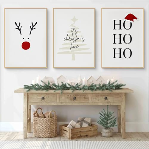 Herfair Bilder Wohnzimmer Weihnachtsbilder Poster 3er Set Weihnachtsbaum Elch Wandbilder Weihnachtsposter Ohne Rahmen Leinwandbilder (21×30 cm)