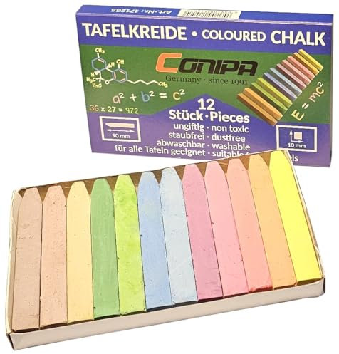 Conipa® - 12 Stück Tafelkreide in Bunt 12 x 90 mm abwaschbar & staubfrei mit Box - Tafel Kreide Lehrer farbig für Schule, Universität & Gastronomie - Hochwertige Wandtafelkreide & Schulkreide (dünn)
