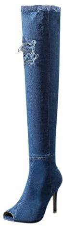 Largo Vitello sopra il ginocchio Stivali per le Donne Taglia 8 Tacco Stivali Alti La Moda Jeans Donna Toe stivali da donna Stivali da donna Inverno, Azzurro, 37.5 EU