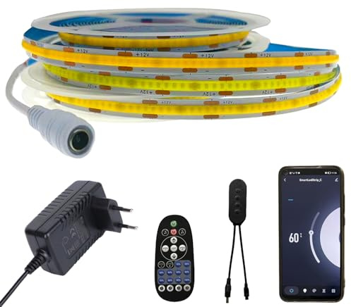 FOLGEMIR 2m COB LED Streifen Warmweiß 3000K, WIFI kontrolliert LED Strip mit 12V Netzteil & IR Fernbedienung, dimmbar, selbstklebend, Timer, Musik, kompatibel mit Tuya APP